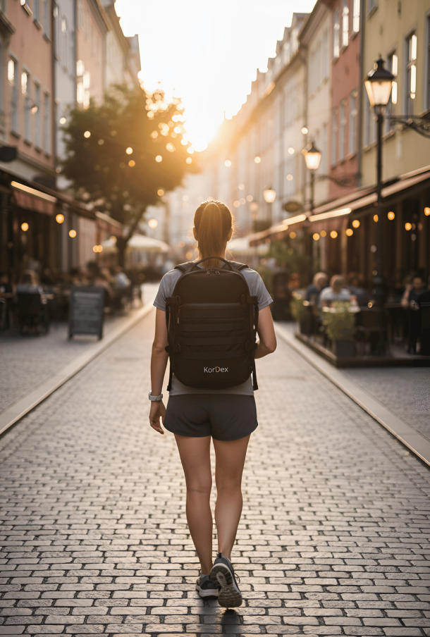 Eine Frau in sportlicher Kleidung geht mit einem schwarzen KorDex-Rucksack auf einer Kopfsteinpflasterstraße durch eine Stadtgasse bei Sonnenuntergang.