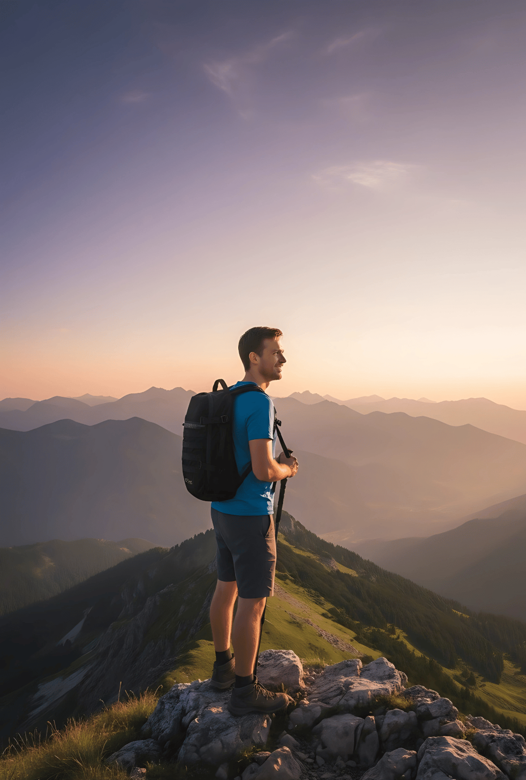 Ein Wanderer mit einem schwarzen KorDex-Rucksack steht bei Sonnenaufgang auf einem Berggipfel und genießt die beeindruckende Aussicht auf eine weite Berglandschaft.